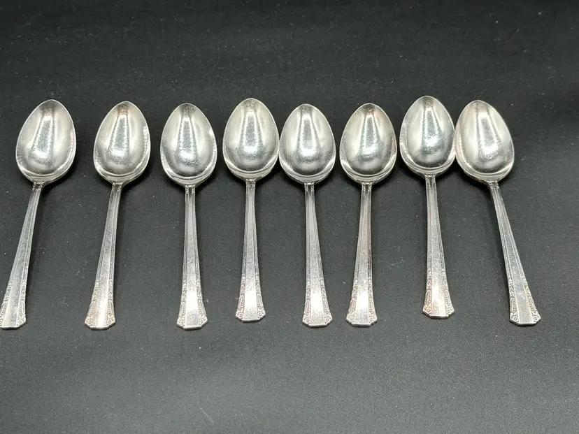 DEL MAR Soup Spoons 1881 Rogers Oneida Silverplate Art Deco Set of 8