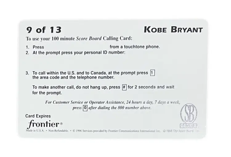 1996 Score Board 100$ Phone Card #9 Kobe Bryant RC Rookie Lakers Lower Merion