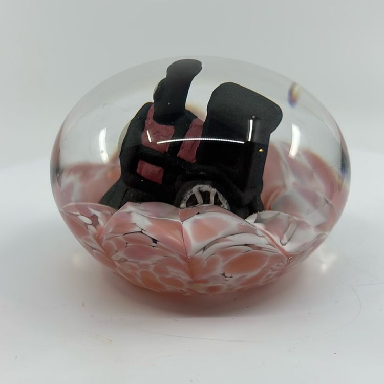 Prestige Art Glass 1992 Signed Elwood Indiana Train Art Glass Paperweight  3.5” *Glows