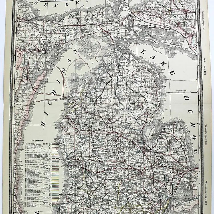 Railroad Map of Michigan circa 1900 Large 22 1/2 x 17 1/2 Full Color Lithograph