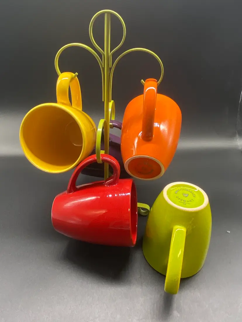 Waechtetbach German Set Of 5 Fun Factory Mugs With Vintage Coffee Mug Hanger