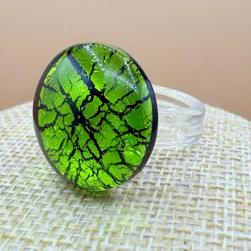 Green Dichroic Glass Dragon’s Eye Ring Size 9