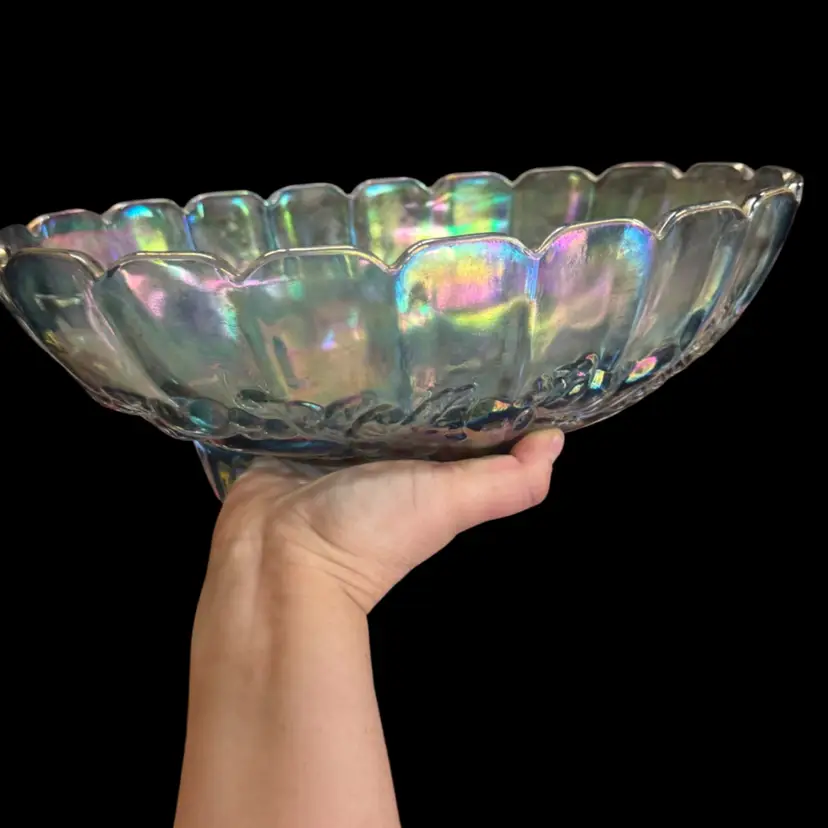 Vintage Indiana Glass Harvest Grapes & Leaves Carnival Footed Centerpiece Bowl