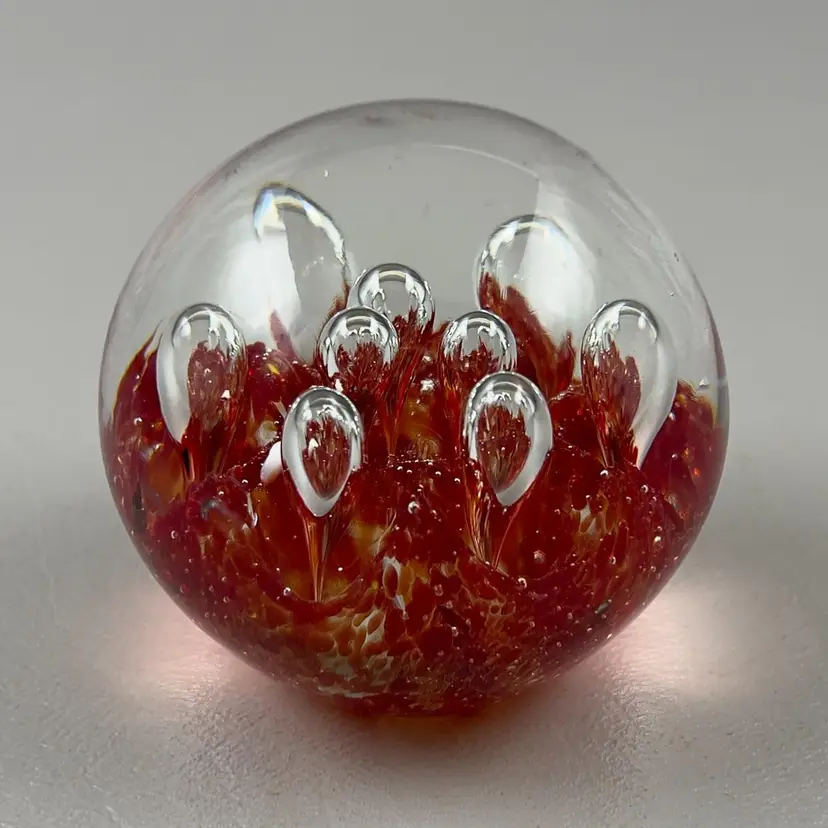 Vintage Art Glass Red 2.5" Paperweight with Bubbles Slight Green Glow