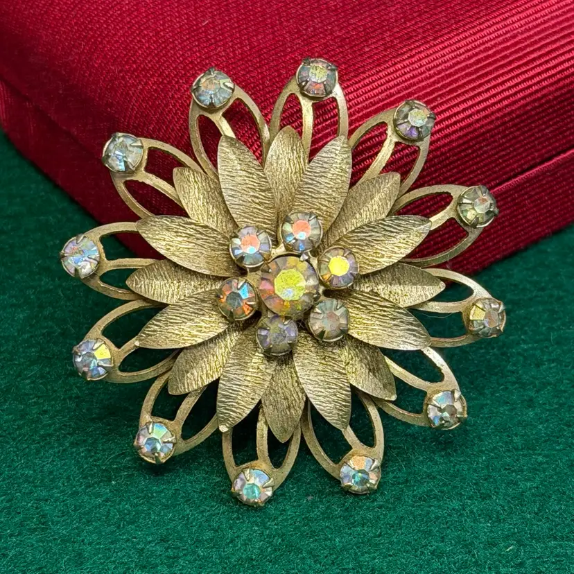 AB Rhinestone Flower Brooch Pin Gold Tone Aurora Borealis Prong Set