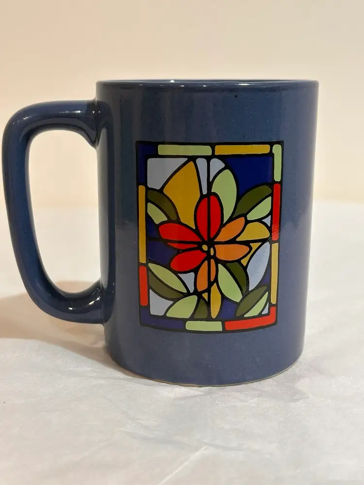 Vtg Otagiri Japan Blue Coffee Stained Glass Art Design Butterfly & Flowers