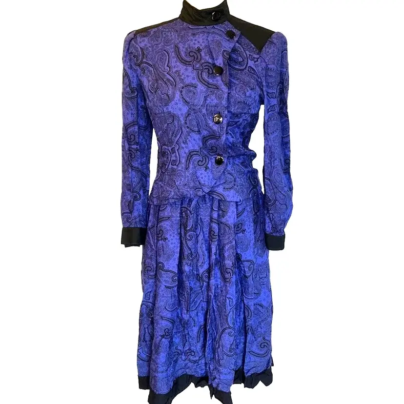 Vintage 80s/90s Blue Leslie Fay Petites Black Paisley Collared Skirt Set Size 6