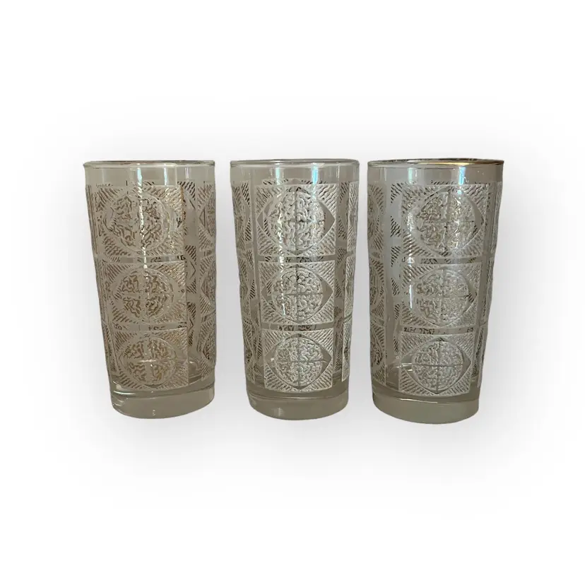 Libbey Geometric White/Gold Highballs , Three Libbey Rock Sharpe Bar Glasses, Gold And White Embossed Highballs , Vintage Retro Barware