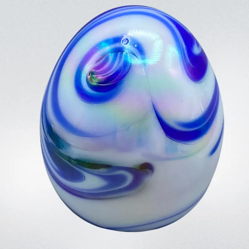 Gibson Paperweight Blue Iridescent Glass Swirls Signed