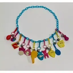 NOS Vintage 80s Plastic Clip Bell Charm Chain Link Necklace and 12 Charms