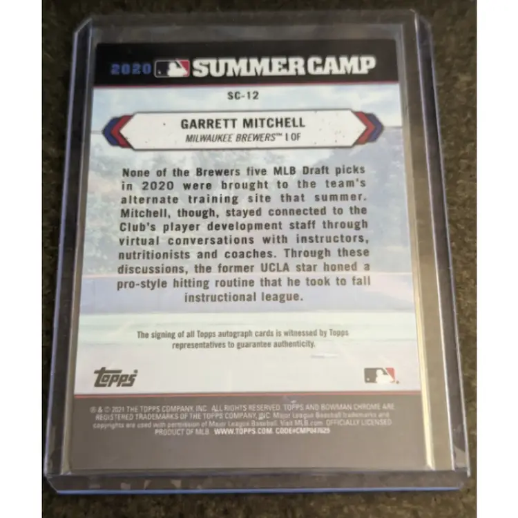 Garrett Mitchell 2021 Bowman Chrome 2020 Summer Camp Autograph SN /100 