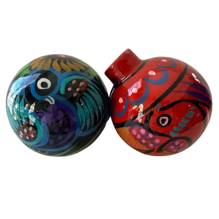 2- Talavera Christmas Balls Ornament Mexican Ceramic Folk Art Pottery Birds