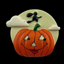 Glow In The Dark Ceramic Moon Witch And Jack-o'-lantern Brooch 1 1/2"