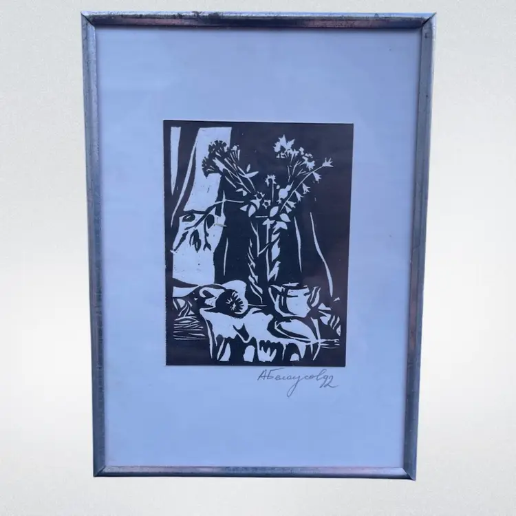 Framed Table Setting Block Print "3 X 4 Black Print" 5 X 7 Siver Framed