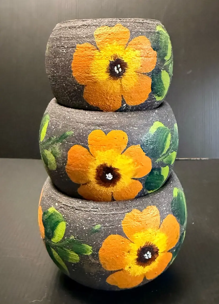 Terracotta Flower Pots, Set of 3, Hand Painted Art Pottery Vintage Mexico Pretty