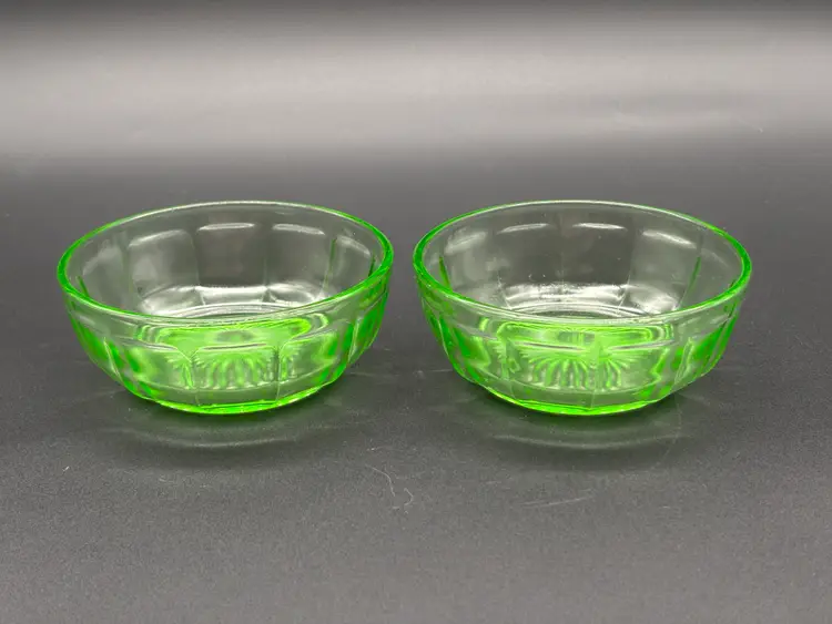 Anchor Hocking Colonial Block Optic Green Depression Glass Uranium Berry Bowls (Set of 2) | Uranium Glass