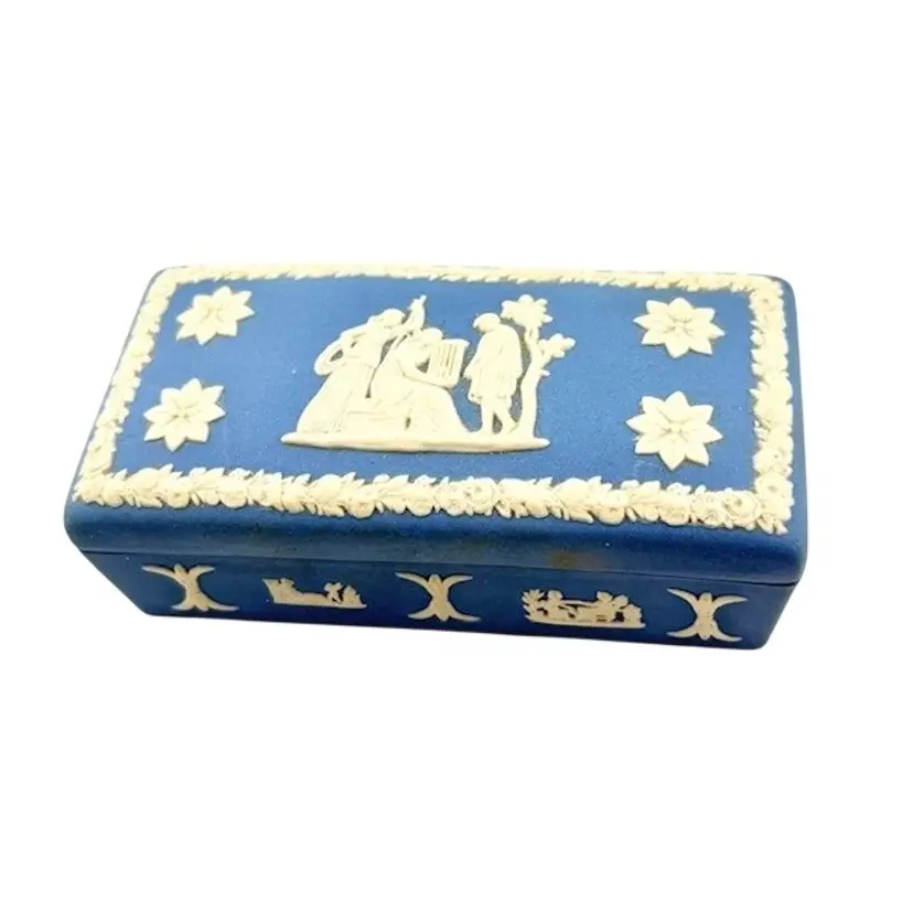 Vintage Blue Wedgewood Covered Rectangle Porcelain Trinket Box with White Details 1.25" Tall x 3.75" Long x 1.5" Wide