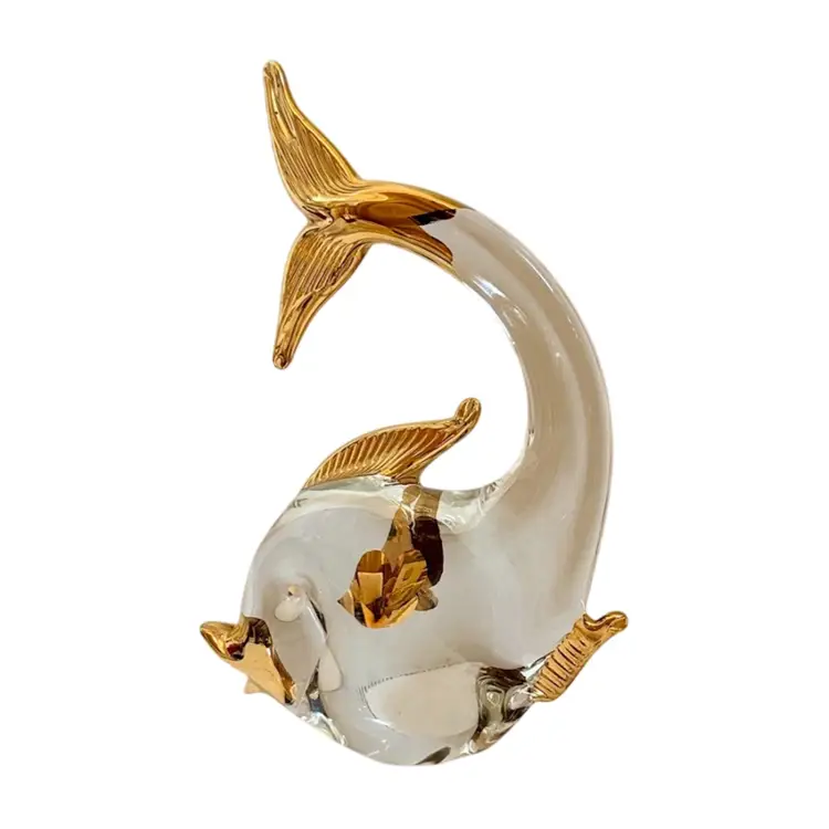 Two Murano Clear Glass Fish with Gold Accents 9.5”T & 7.5” T -Vintage-Art Glass-Paperweights