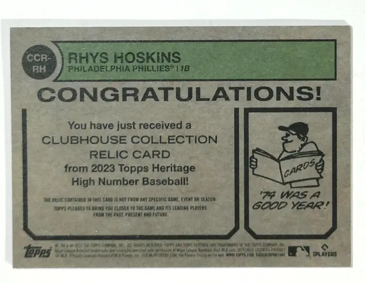 2023 Topps CCR-RH Heritage Rhys Hoskins Philadelphia Phillies Game Used Bat Relic Baseball