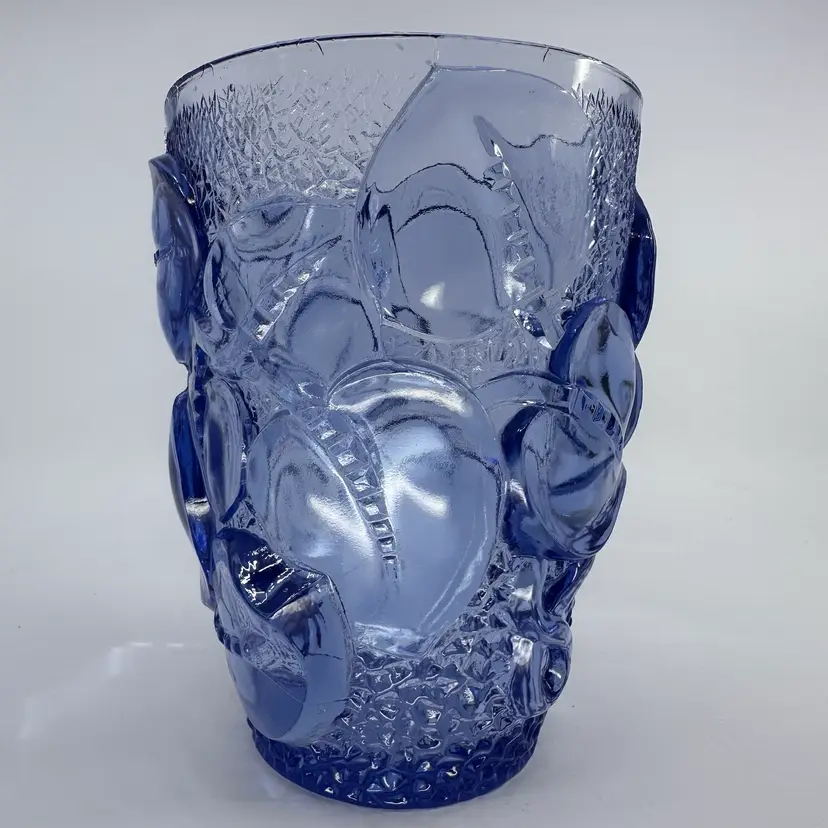 Art Deco 1920s French Crystal Leaf Pattern Blue Vase 7”Tx 5”A