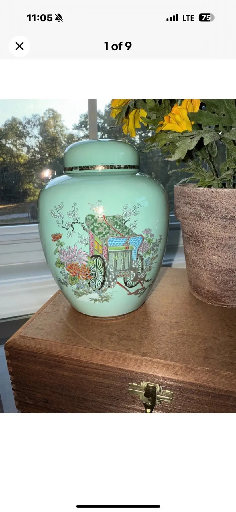 Vintage Japanese Ginger Jar; green gold trim;wagon Flowers; Hand Painted