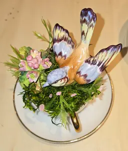 Vintage cup and saucer, Crown Staffordshire bird Chaffinch under glass Dome