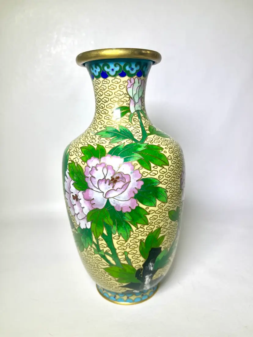 Cloisonné Vase 8in Chinese Enamel Floral Yellow Vintage Flower Design