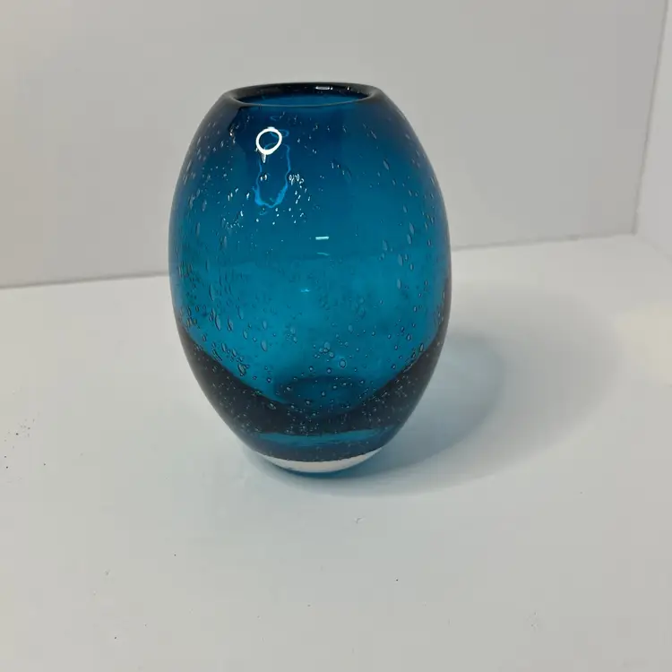 Bubble Glass Vase Teal Color Oval Shaped Heavy And Beautiful