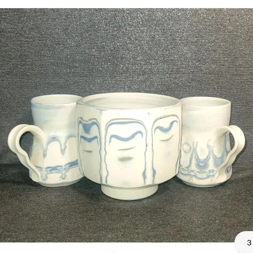1988 Artisan Blue/White Abstract Design Art Pottery Mugs w/ Bowl/Planter Signed