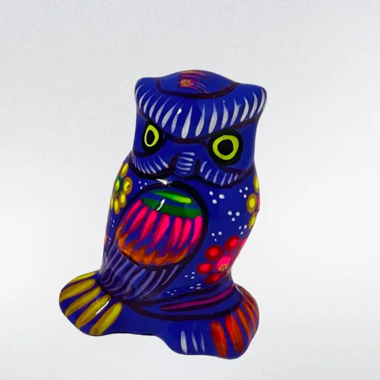 Mexican Talavera Owl Figurine Hand Painted Red Clay Glows
