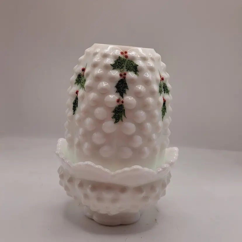 Fenton Hand Painted Milk Glass Hobnail Fairy Light Signed