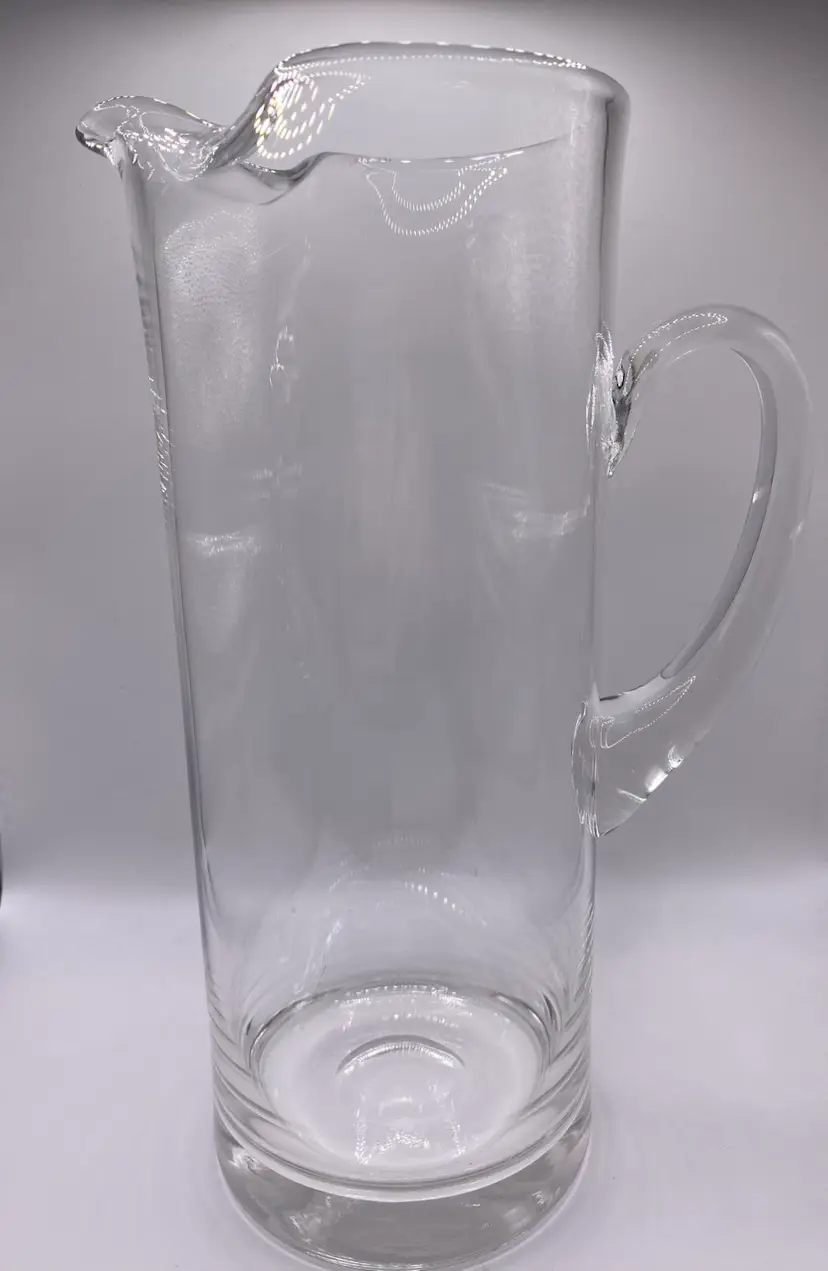 Vintage Hand Blown Clear Glass Martini Pitcher With Applied Handle And Pinch Spout