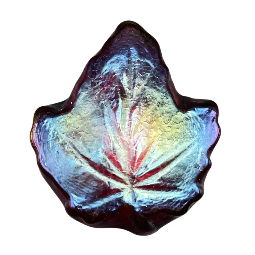 2.5" Robert Held Art Glass Maple Leaf Shaped Paperweight Iridescent Signed Label