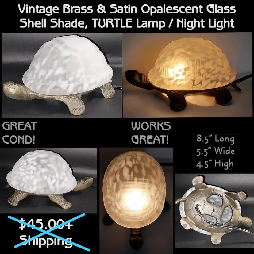 Vintage Brass & Satin Opalescent Turtle Lamp