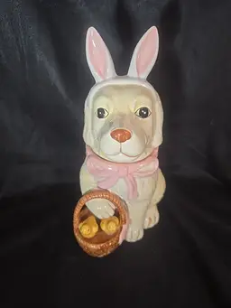 Pier 1 Imports Easter Golden Retriever Treats Jar – Bunny Ears, Pink Bow & Basket of Chicks – 11” Ceramic