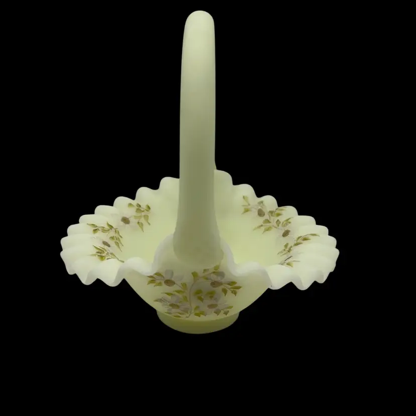 Fenton Hand Painted Custard Glass Basket, 7.5” Tall x 7” Wide