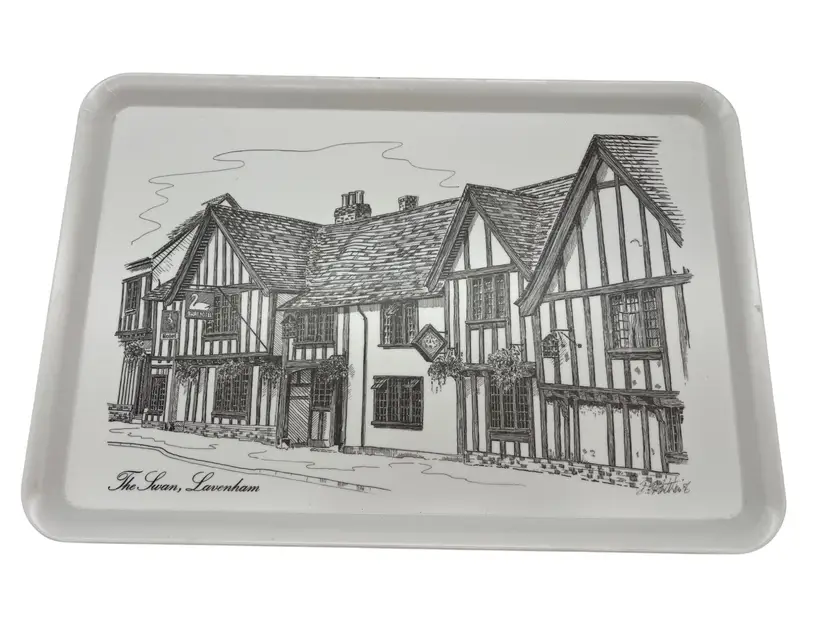 Vintage Melamaster Tray The Swan Lavenham England 13.75"x9.5" Black White Illustration M9 British Souvenir Hotel Serving Tray