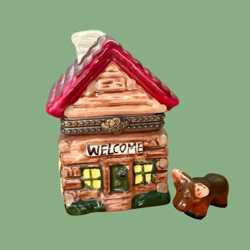 Vintage Porcelain Trinket Box Log Cabin Lodge w/ Moose Trinket