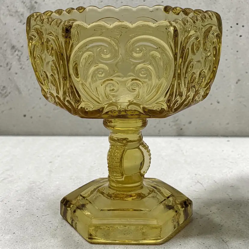Vintage Imperial Glass Amber Scroll Compote Pedestal Footed Candy Dish Bowl