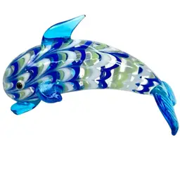 Fitz & Floyd Glass Dolphin 🐬 Figurine. Gorgeous Blue, Green, & White Wavy Design. Check out Those Eyes 👀! 2-3/4” L