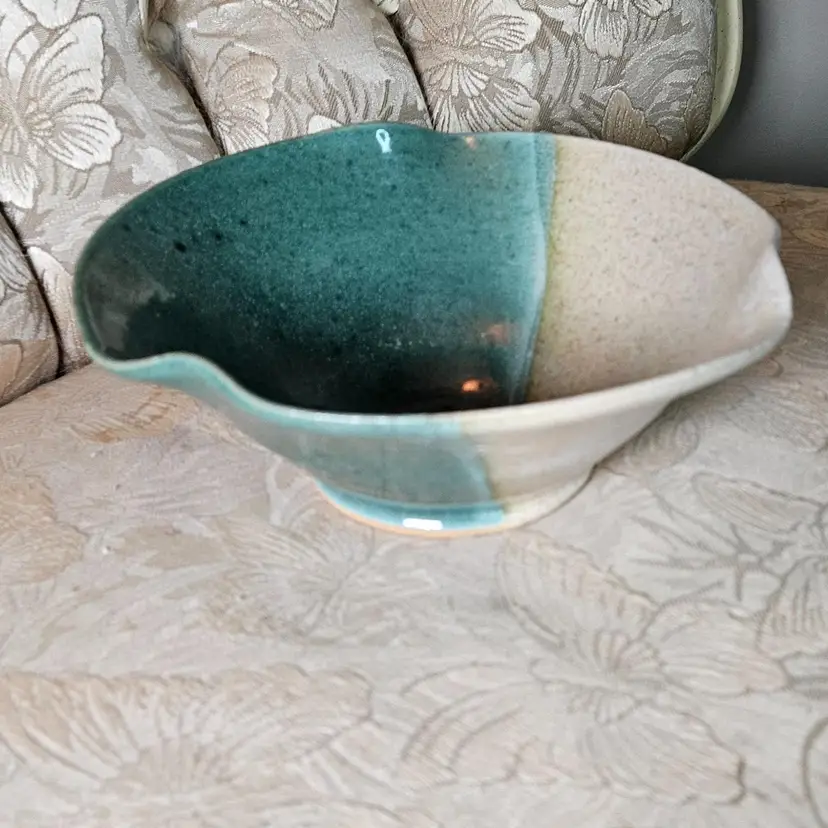 Vintage Handcrafted Ceramic Bowl with Green and Beige Glaze Marked Pure Joy Pottery.