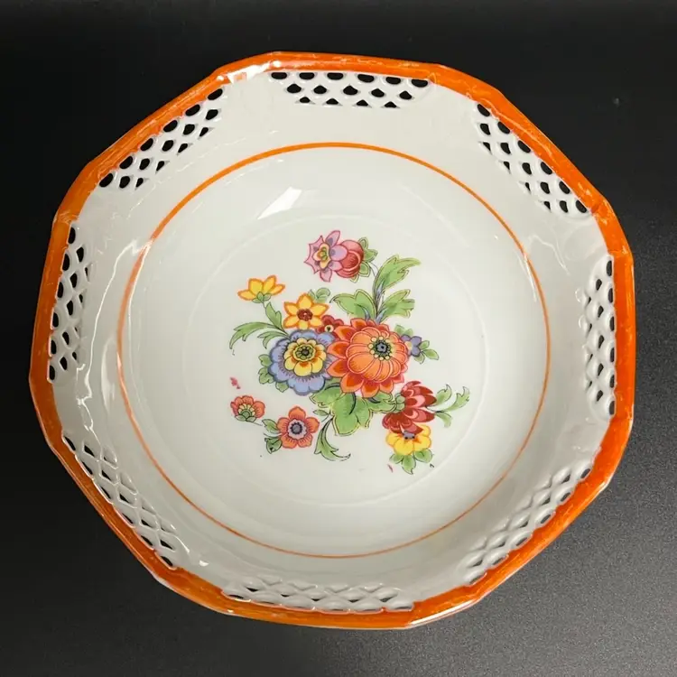 German Octagonal Reticulated Bowl- Vibrant Orange Trim -  6.5” Diameter