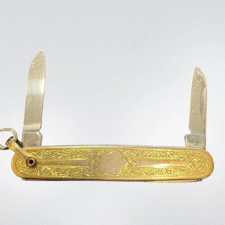 Vintage GoldTone Anvil Stainless U.S.A. Pocket Knife On Chain w/Clip