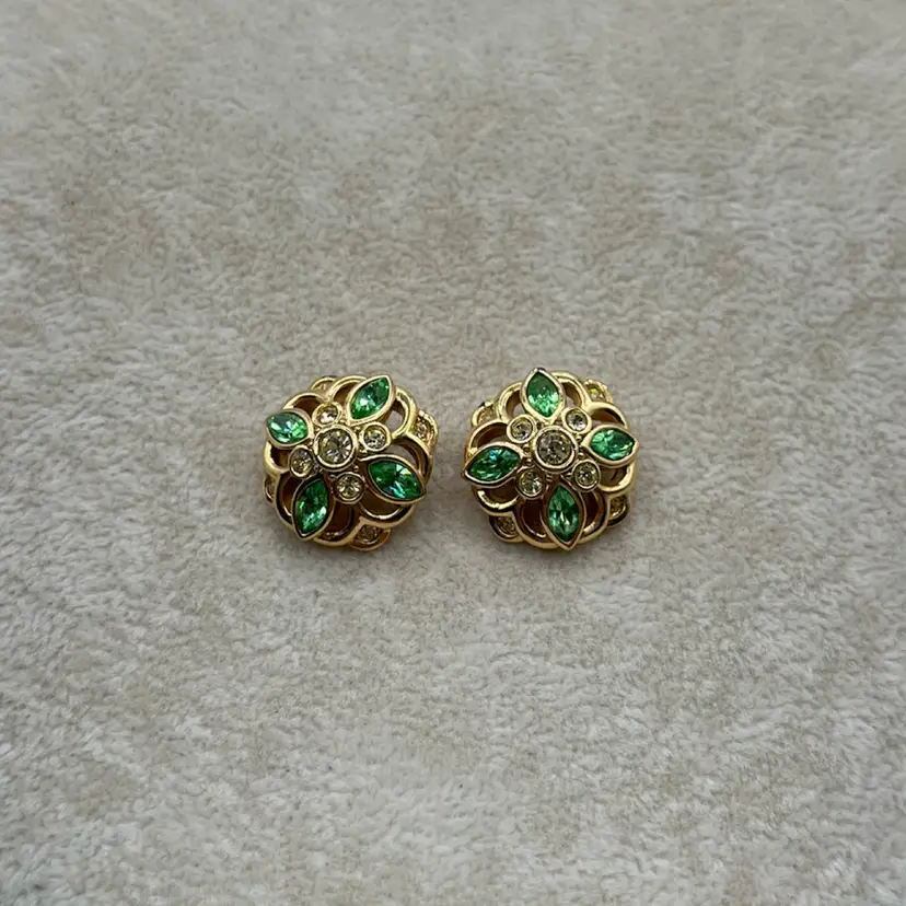 Marked Swan Swarovski Gold Tone Clear & Green Crystals Post Earrings