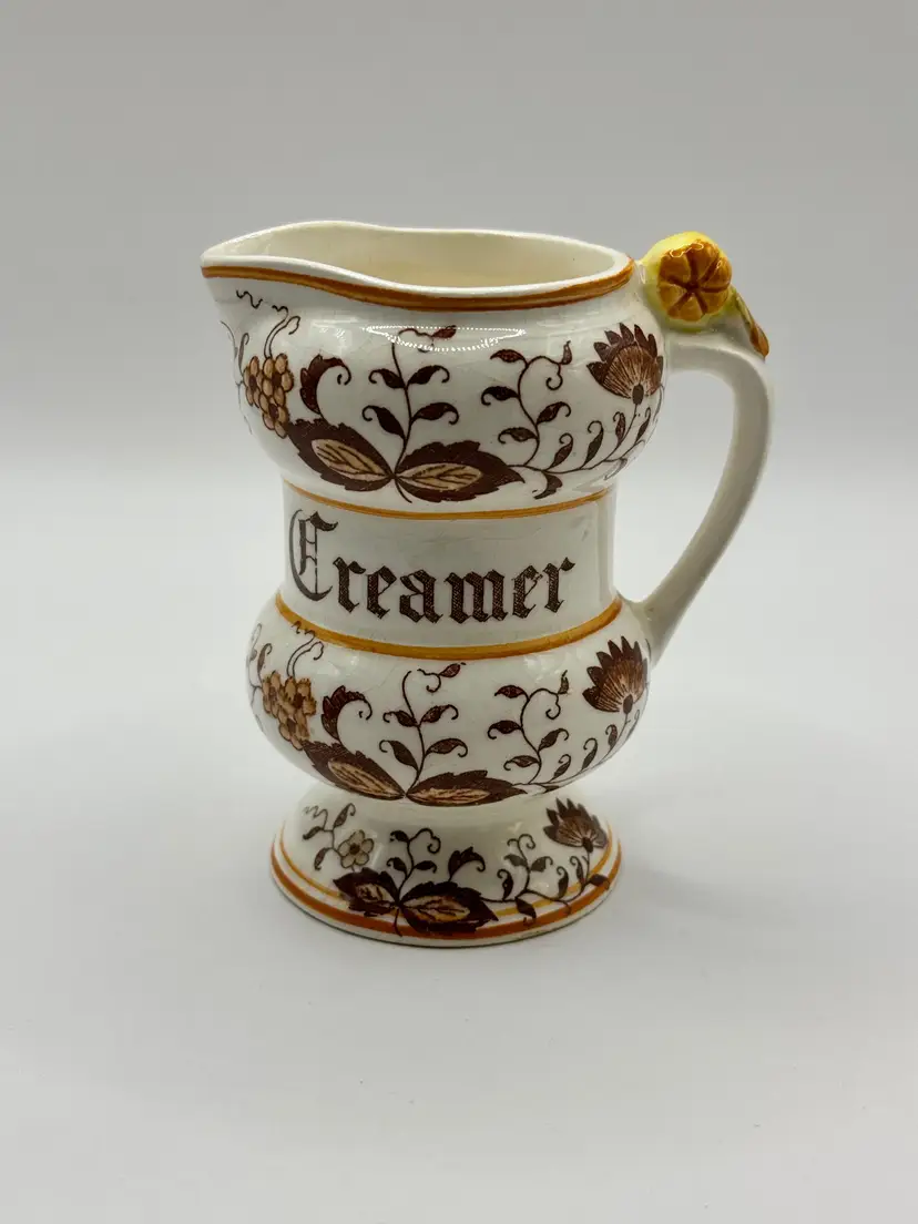 Vintage 1970’s Creamer, Pitcher, Brown Onion Pattern Floral Motif Gold Accents, Porcelain Collectible Kitchenware, By Broun, Made in North Carolina, USA