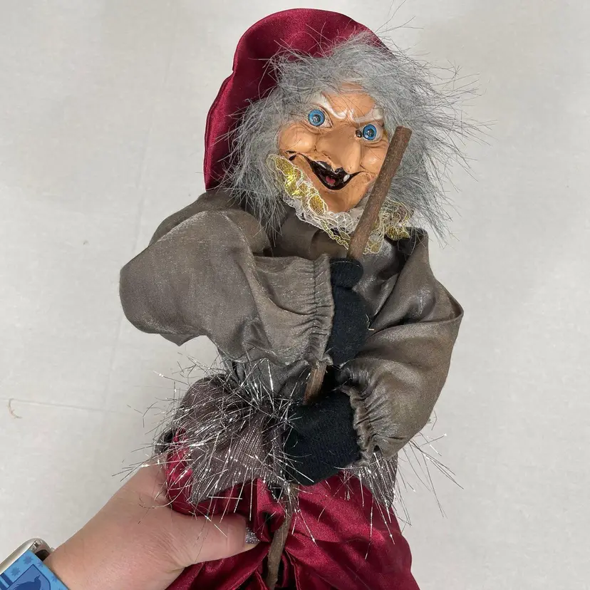 Vintage Flying Scary Witch on Broom Hanging Halloween Decoration Maroon Cape