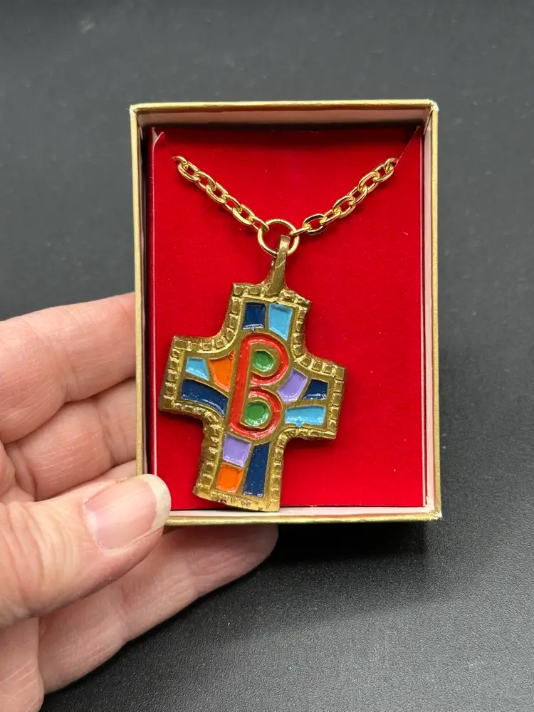 VTG 1971  Israel Terra Sancta Guild Brass & Multicolor Enamel Cross Pendant