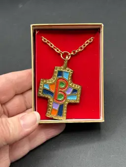 VTG 1971 Israel Terra Sancta Guild Brass & Multicolor Enamel Cross Pendant