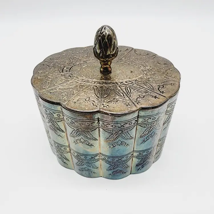 Vintage Silver Plate Celestial Stars Jewelry Box Holder Boho Velvet Pineapple