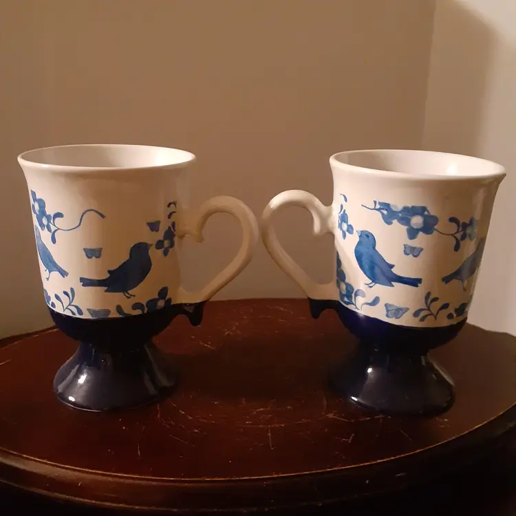 Blue Bird Pedestal Mugs, Set Of 2